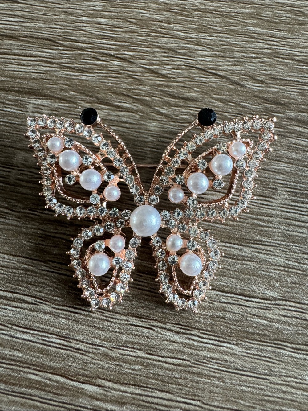 Rose Gold Butterfly Brooch with Faux Pearls and Crystals